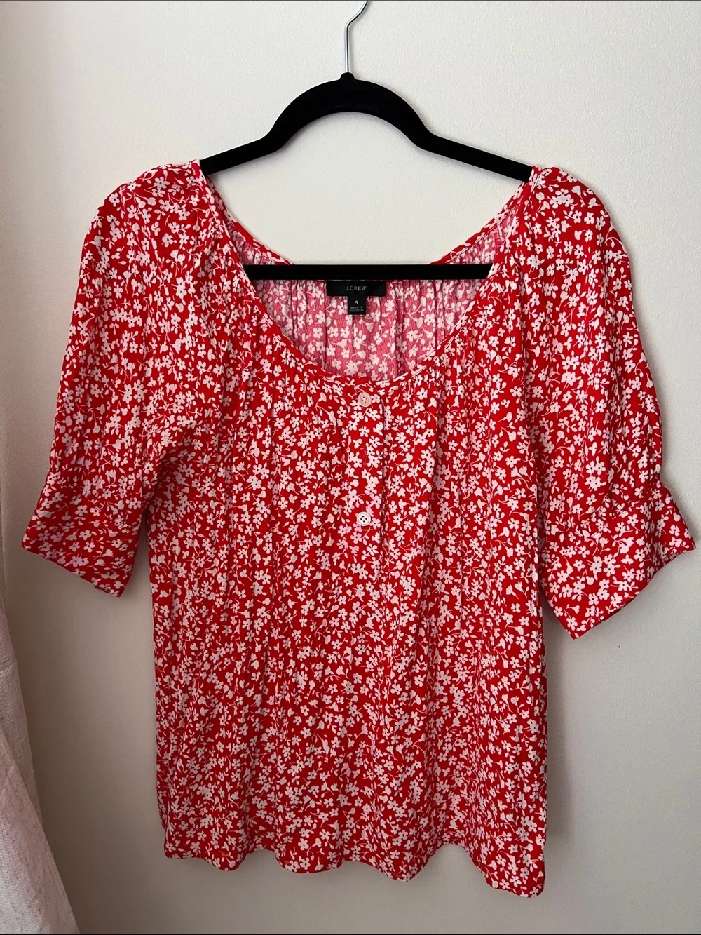 J. Crew Red and White Floral Scoop Neck Blouse